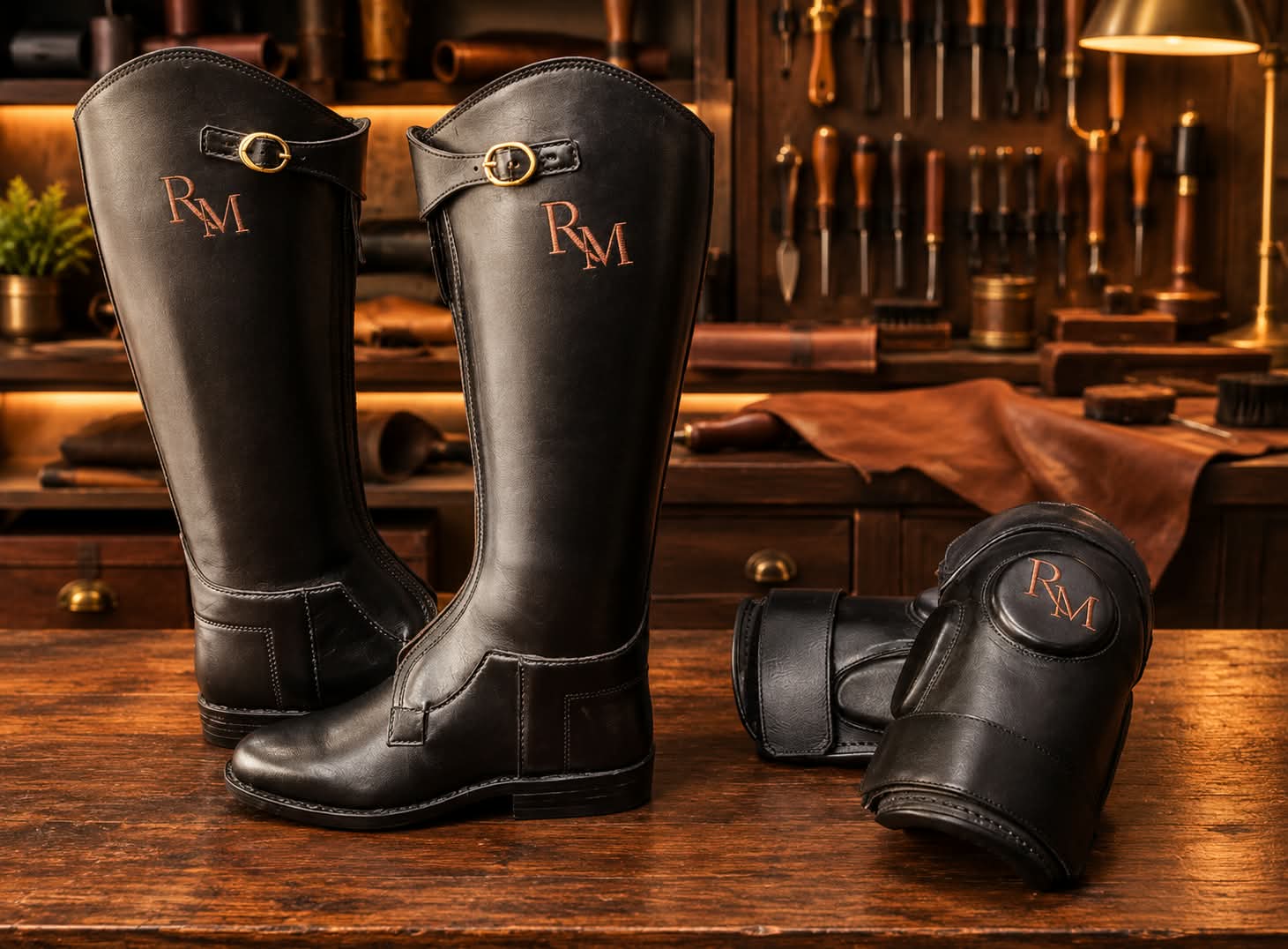 Black boots and knee guard with hand stitched RM monogram